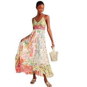 Anthropologie Woman's Size US 0 Floral Patchwork Boho Malibu V-Neck Maxi Dress